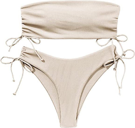 Women's Tube Bikini Set with Drawstring Shorts – Solid Color Sexy Swimsuit for Beach & Pool