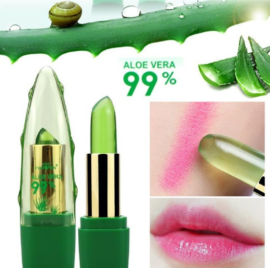 A collage of images showing a green tube of aloe vera gel lipstick, with close-up views of the product applied to lips and an illustration of a snail on an aloe vera leaf.