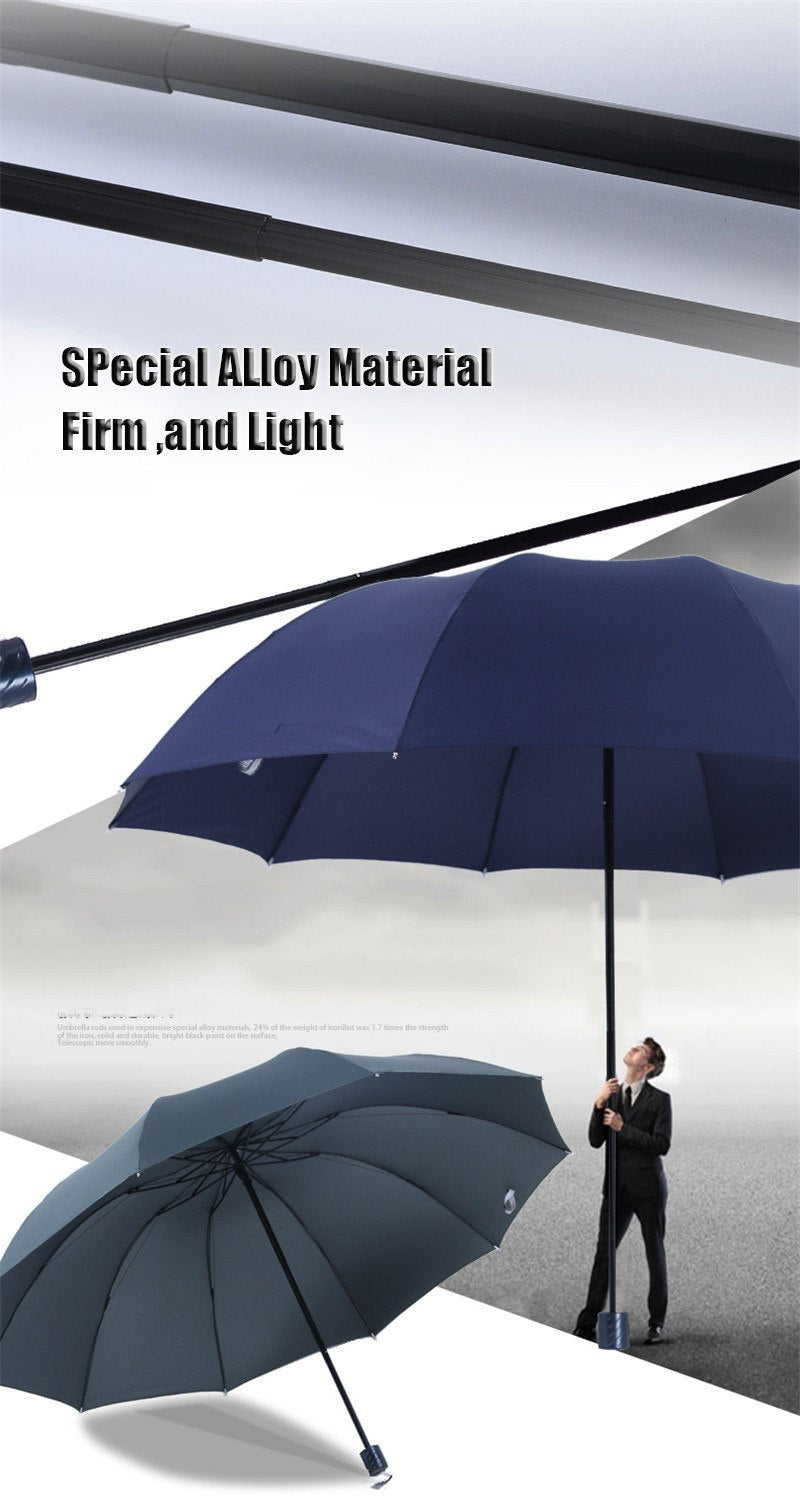 Large 3-Fold Windproof Umbrella – Super Strong 10-Rib Compact Travel Umbrella for Adults