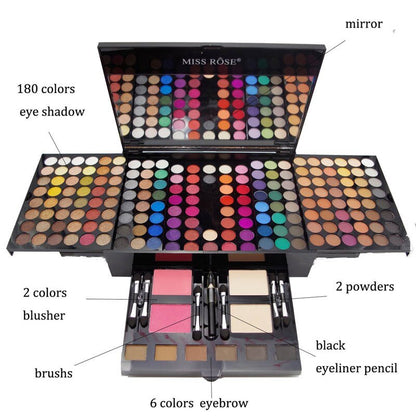 Makeup set with various compartments and labeled items.