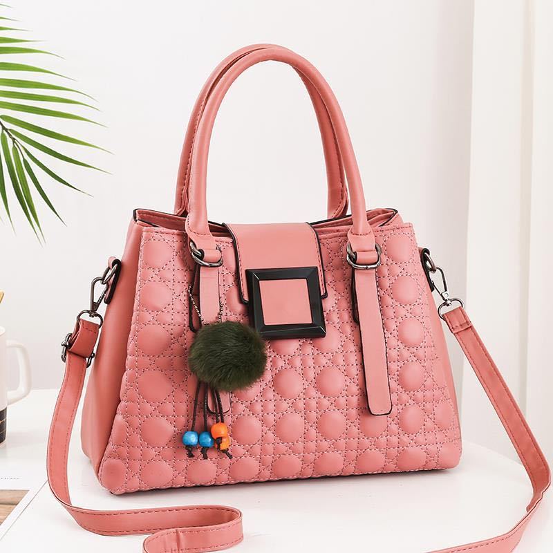 Women's Quilted Satchel Crossbody Bag – Vegan-Friendly Imitation Leather Handbag with Pom-Pom Charm