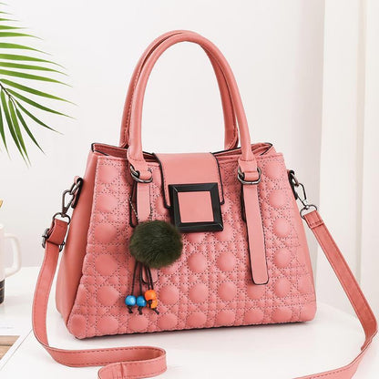 Women's Quilted Satchel Crossbody Bag – Vegan-Friendly Imitation Leather Handbag with Pom-Pom Charm