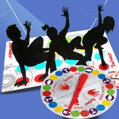 A board game mat with silhouettes of three players in playful poses, and a colorful central spinner with the Twister logo and various directional indicators.