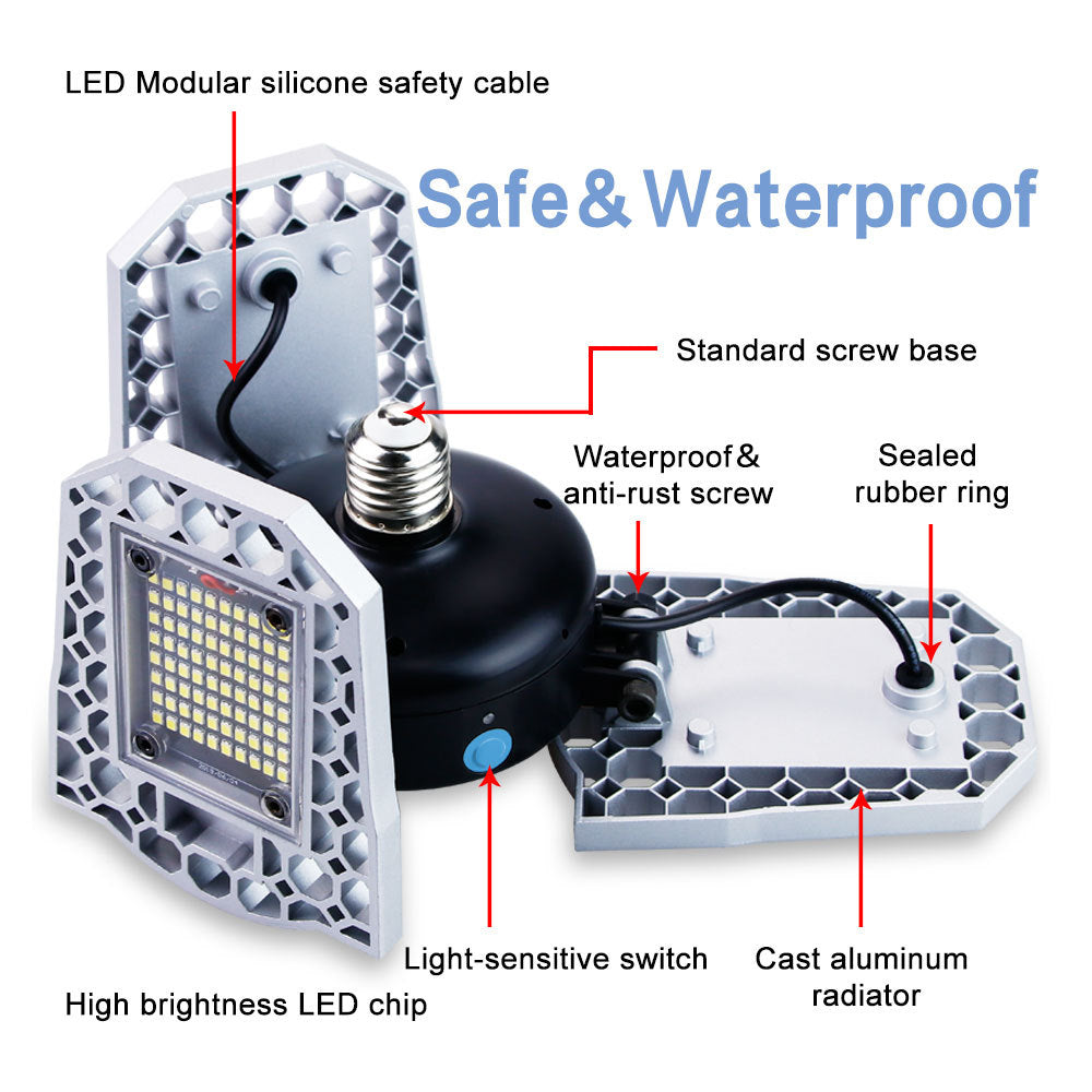 Three-Head LED Garage Light – 60W/80W/100W, E26/E27, IP65 Waterproof with Light Sensor