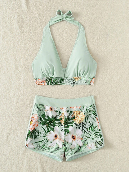 Women's High-Waist Solid Color Bikini Set | Tie-Front Split Swimsuit