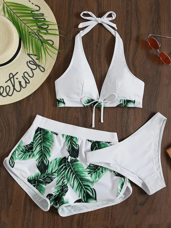 Women's 3-Piece Bikini Set with Shorts – Printed Summer Beach Swimsuit