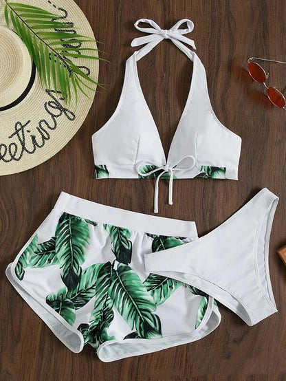 Women's 3-Piece Bikini Set with Shorts – Printed Summer Beach Swimsuit