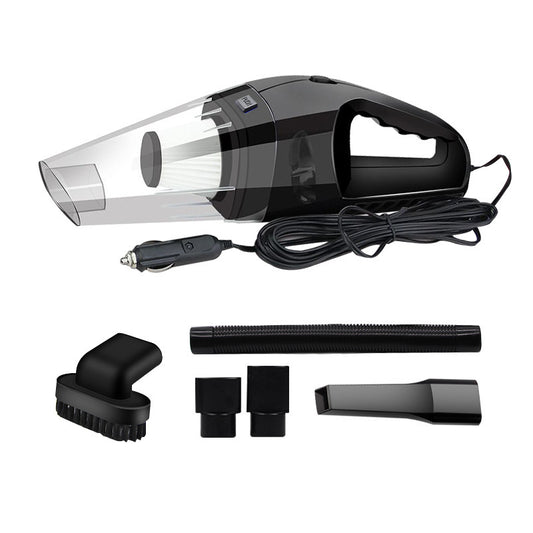 A portable handheld vacuum cleaner in black color with various attachments and a power cord.