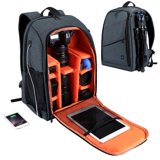 A camera backpack open to show the interior compartments, with an orange lining inside. The backpack is shown from the outside in a closed position, and from the inside with various camera equipment arranged within.