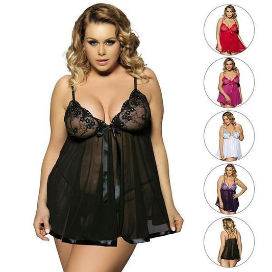 The image showcases a range of women's plus-size lingerie in black, featuring a floral lace design. The main product image shows a model wearing the lingerie, which has thin straps and a flared design.