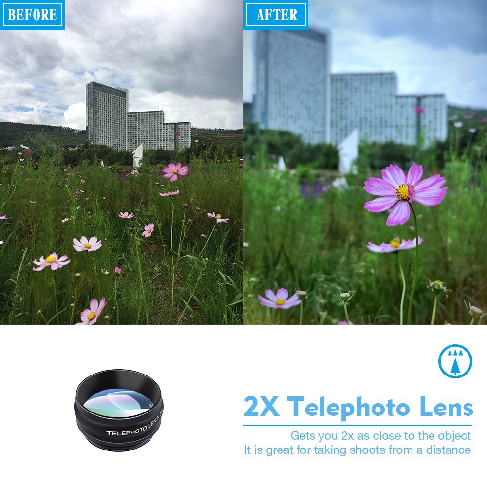 Before and after comparison of a flower with a telephoto lens and text.