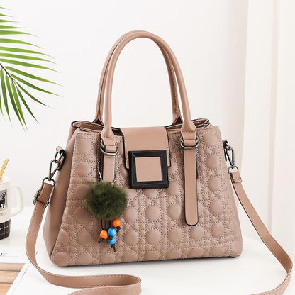 Women's Quilted Satchel Crossbody Bag – Vegan-Friendly Imitation Leather Handbag with Pom-Pom Charm