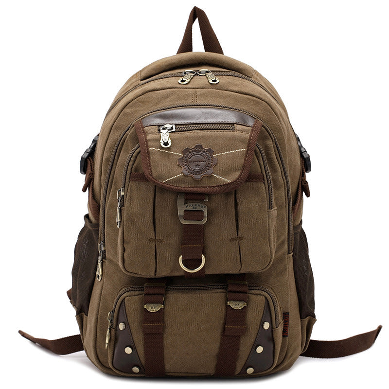 A large, multi-compartment unisex computer backpack in army green with dark khaki accents, featuring a front zipper pocket and side mesh pockets, designed for outdoor activities.