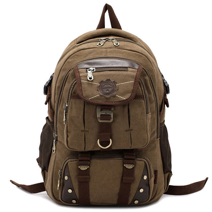 A large, multi-compartment unisex computer backpack in army green with dark khaki accents, featuring a front zipper pocket and side mesh pockets, designed for outdoor activities.