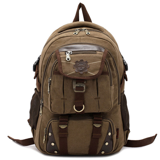 A large, multi-compartment unisex computer backpack in army green with dark khaki accents, featuring a front zipper pocket and side mesh pockets, designed for outdoor activities.