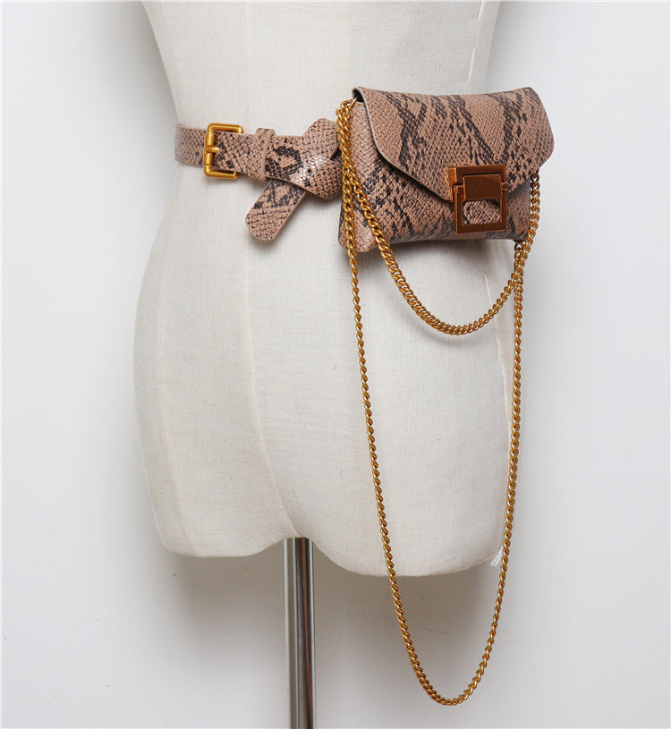 Women's Snake Print Chain Crossbody Bag – PU Leather Belt Bag Purse
