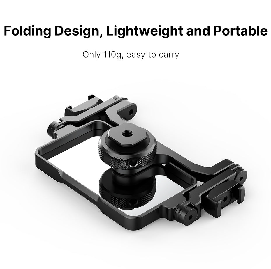 Black folding component with text on a white background