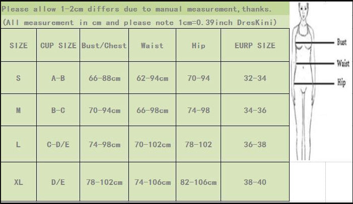 Measurement chart for clothing sizes with a diagram of a person.