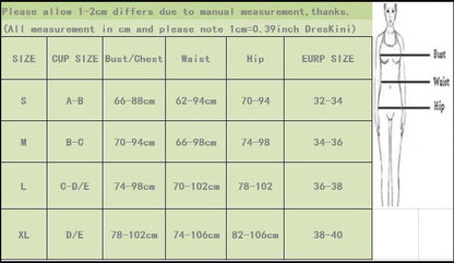 Measurement chart for clothing sizes with a diagram of a person.