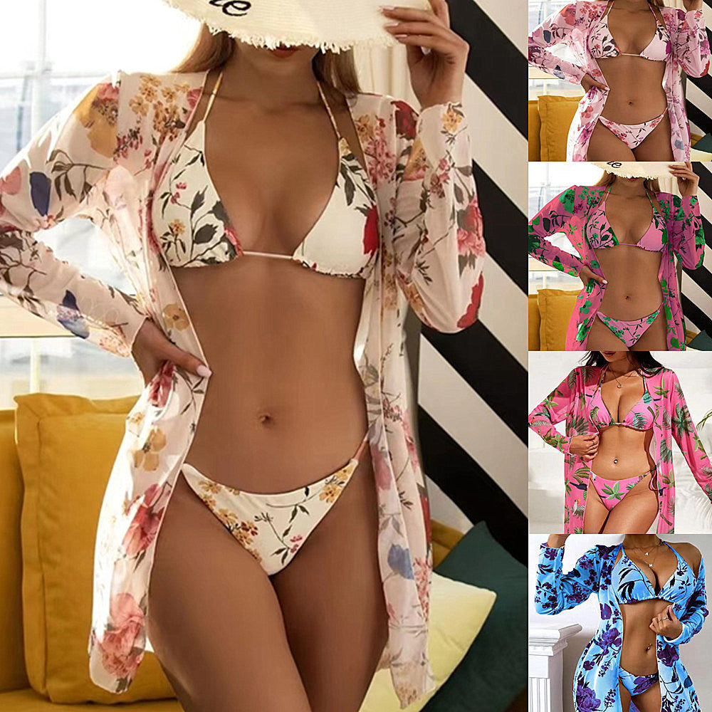 A collage of three swimsuit sets with floral patterns. Each set includes a bikini bottom, a bikini top, and a matching cover-up.