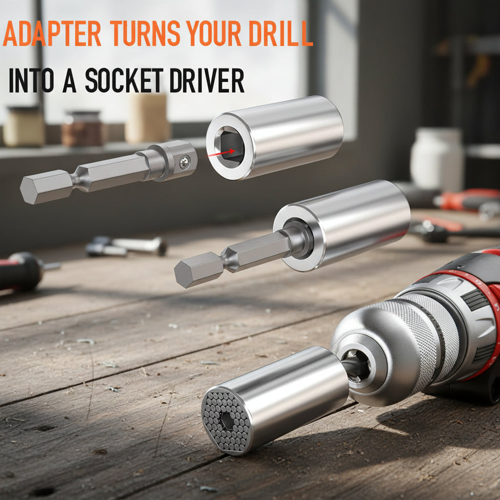 Adapter that turns a drill into a socket driver, shown in use with a drill.