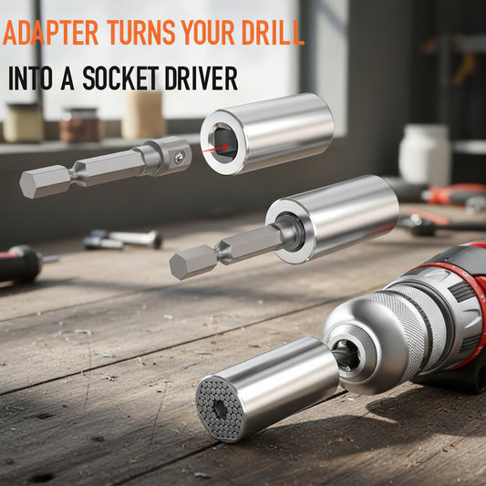 Adapter that turns a drill into a socket driver, shown in use with a drill.