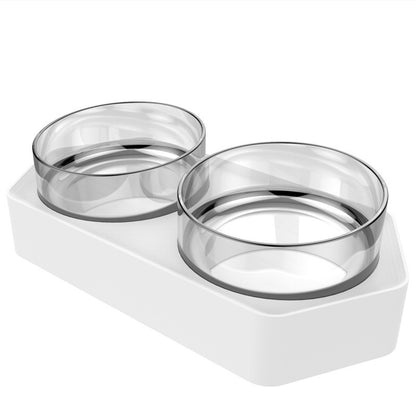 Two hexagonal inclined plastic pet bowls in white color, one for food and one for water, intended for automatic feeding of pets.