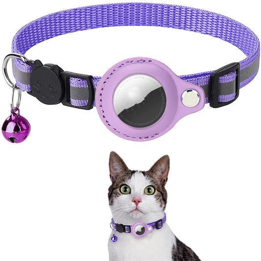 Purple cat collar with bell and cat wearing it on a white background