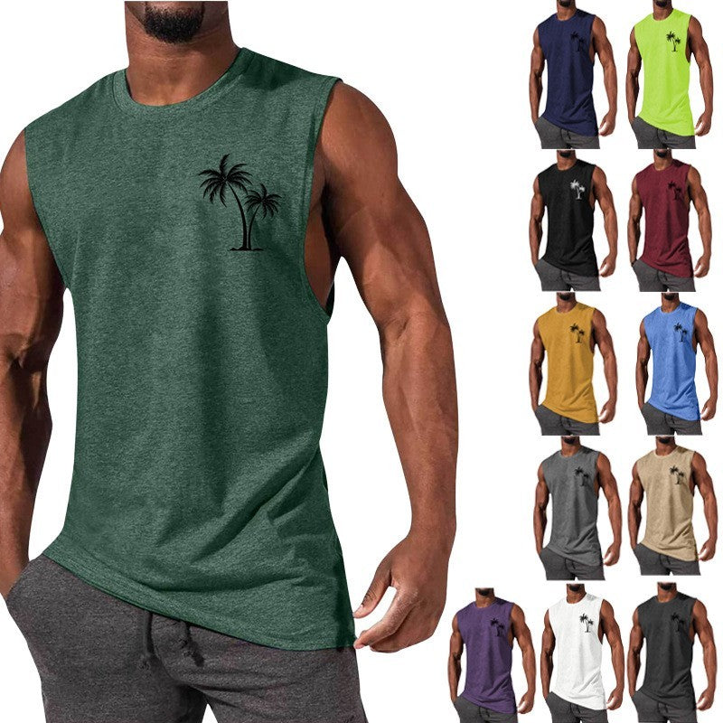 A collage of sleeveless tank tops in various colors, featuring a coconut tree embroidery on the chest.