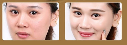 Before and after comparison of a woman's face with earrings.
