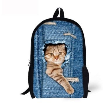 Kids' 3D Cat Denim Backpack – Cute Animal School Bag for Boys & Girls