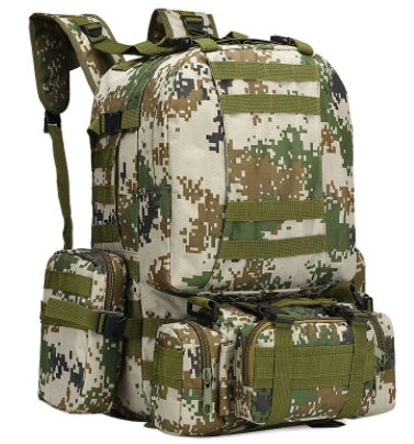 A camouflage tactical backpack with multiple pockets and straps, designed for outdoor use.