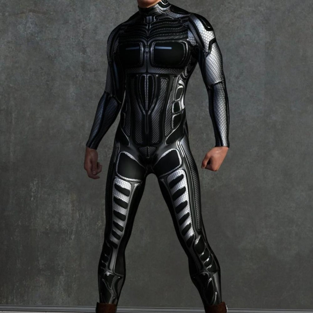 A person wearing a black and silver digital printed cosplay costume with long sleeves and a high collar.