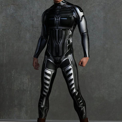 A person wearing a black and silver digital printed cosplay costume with long sleeves and a high collar.