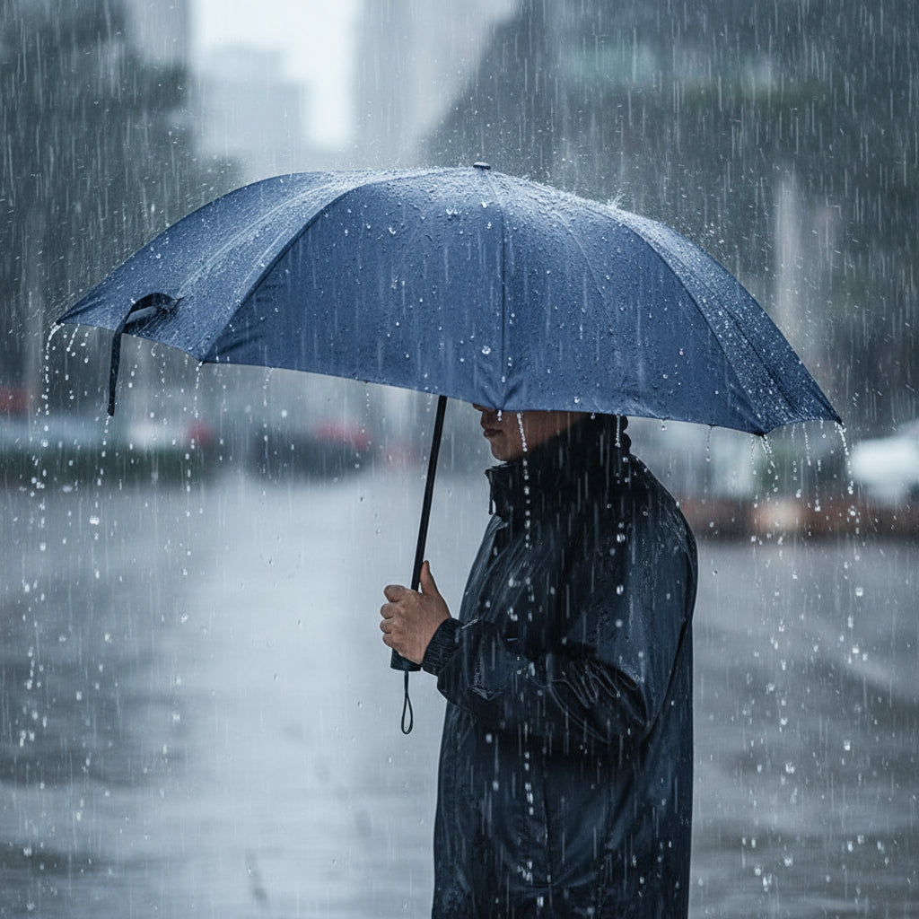 A large navy blue umbrella with a non-automatic opening mechanism and an anti-slip handle.