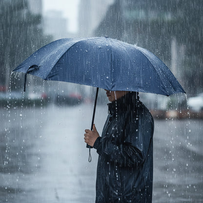 A large navy blue umbrella with a non-automatic opening mechanism and an anti-slip handle.