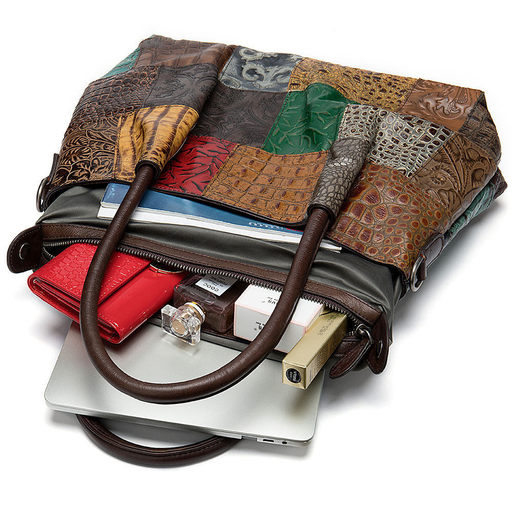 Women's Genuine Leather Patchwork Tote Bag – Colorful Embossed Shoulder Handbag
