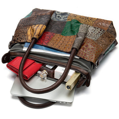 Women's Genuine Leather Patchwork Tote Bag – Colorful Embossed Shoulder Handbag