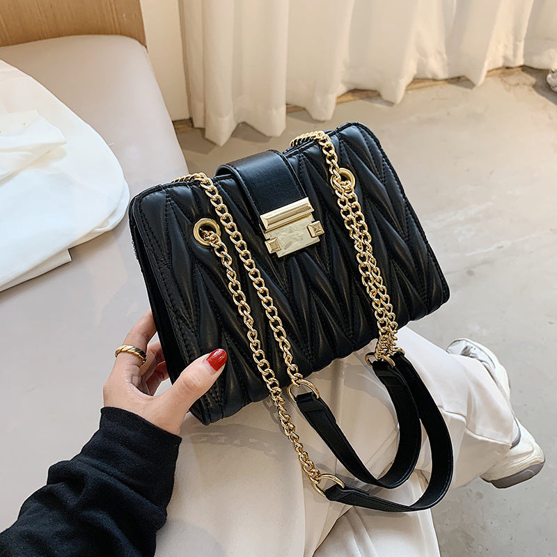 Women's Pleated Chain Crossbody Bag – Mini Vegan-Friendly Imitation Leather Shoulder Purse with Gold Hardware