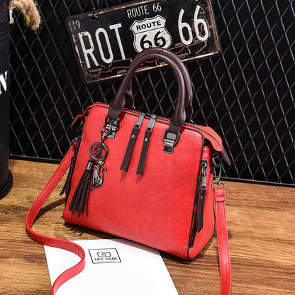 Women's Two-Tone Satchel Handbag – Vegan-Friendly Imitation Leather Shoulder Bag with Tassel Charm