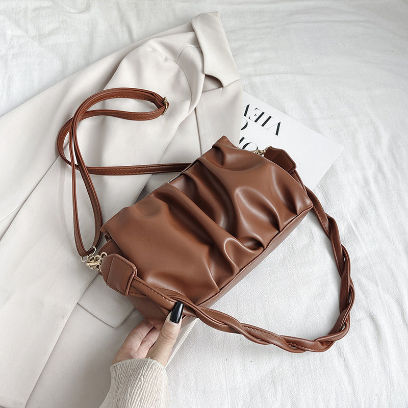 Women's Pleated Mini Shoulder Bag – Soft Vegan-Friendly Imitation Leather Crossbody Purse with Braided Strap