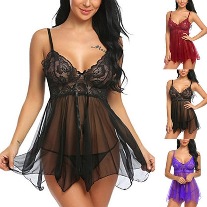 The image showcases a collection of front slit nightdresses in various colors, featuring lace detailing and a short skirt. The garment is modeled in black, red, and purple, highlighting its versatile style and design.