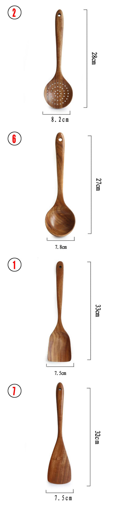 A set of wooden kitchen utensils including a ladle, spoon, turner, and colander, displayed in a clear container on a kitchen counter.
