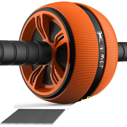 An orange and black abdominal exercise roller with a stainless steel pipe and a sponge handle, displayed alongside a pair of black push-up blocks.