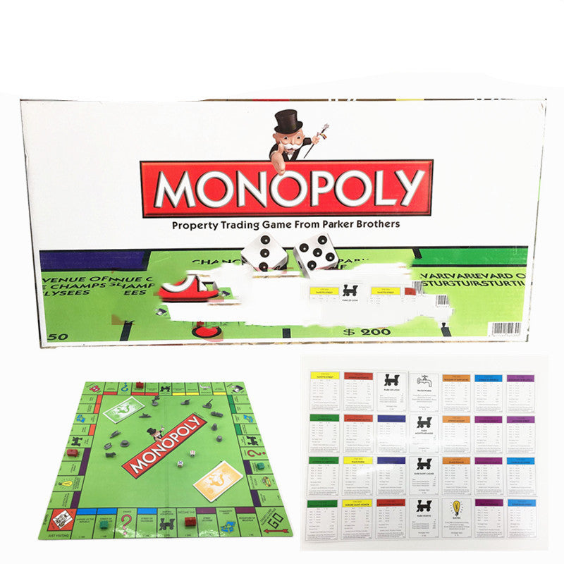 The image shows a Monopoly board game box and a sample of the board game components including the game board itself with properties, a hat, money, and cards, indicating the game is for property trading and guesswork.