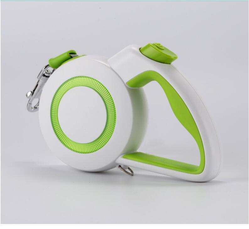 Automatic retractable dog or cat traction rope with a white and green handle and ABS material.