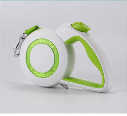 Automatic retractable dog or cat traction rope with a white and green handle and ABS material.