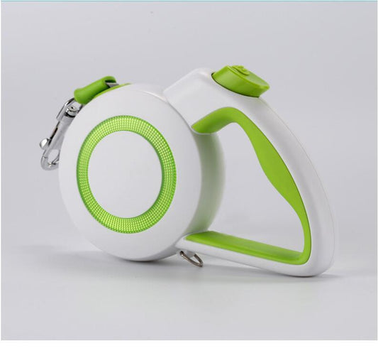 Automatic retractable dog or cat traction rope with a white and green handle and ABS material.