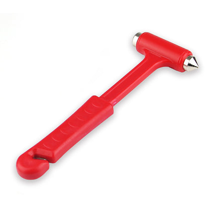 A red multi-function safety hammer designed for automotive use as an emergency window breaker.