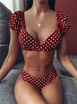 Women's Polka Dot Puff Sleeve V-Neck Bikini | Split Two-Piece Swimsuit